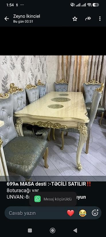 *699₼ MASA desti :-TƏCİLİ SATILIR‼️* 8oturacağı var UNVAN:-8noyabr pr