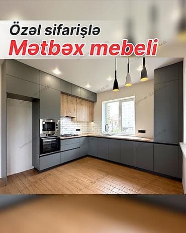 Özəl sifarişlə mətbəx mebeli - Müasir L formalı dizayn: mat boz