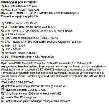 lenovo gaming 3: MÜVƏQQƏTİ ŞOK ENDİRİM!!! ⭐Tək Sistem Bloku - 575 AZN ⭐KOMPLEKT CƏMİ - — 2