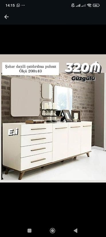 taxta komod: Güzgülü konsol/dolab dəsti - Ölçü: 200 x 40 - Rəng: ağ (taxta — 1