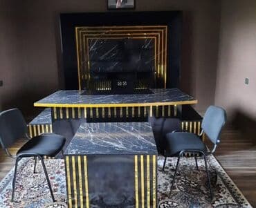 salon mebelləri: Lüks ofis dəsti – qara mərmər naxışlı masa və interyer paneli - — 1