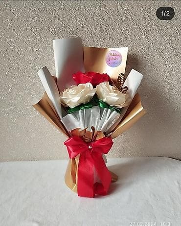 kağız skoç: Kompozisiya: Dekorativ gül buketləri - Satən lentdən hazırlanmış əl — 5