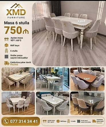 stular: Masa və 6 stul dəsti – XMD Furniture - Açılan masa: 90×160×2 - MDF — 1