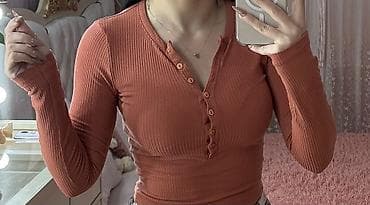 payız paltarları: Qadın uzunqol rib toxumalı bluz - Rəng: isti kərpic/kürən - Material — 1