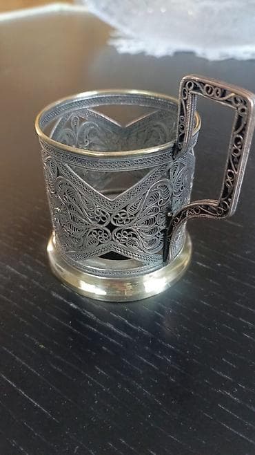 ramanı şuşa: Misdən,qədimi fincan altlığı (stəkan üçün qulplu podstakanik) - — 3