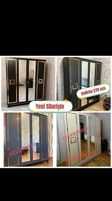 Yeni, 4 qapılı, Güzgülü, Qara, Digər material, Açılan, Düz dolab