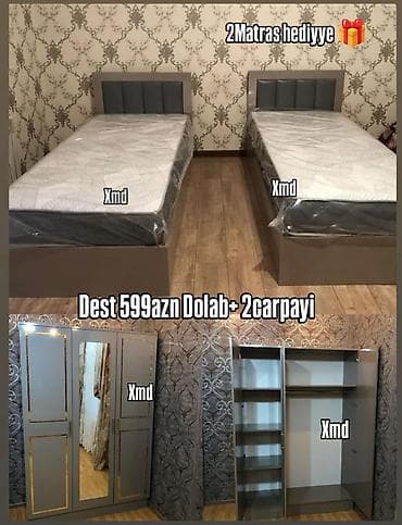 kravadlar: Yataq otağı üçün tam dəst: - 2 ədəd tək çarpayı (başlıq hissəsi yumşaq — 1