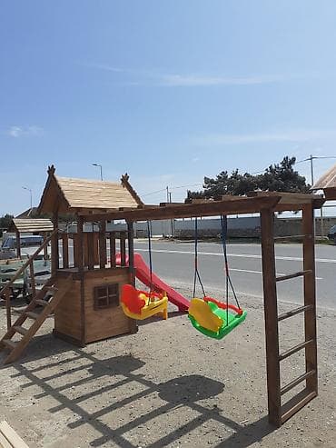 oyuncaq gitara: Uşaq oyun kompleksi – taxta evciyik və sallanan yelləncəklərlə - — 2