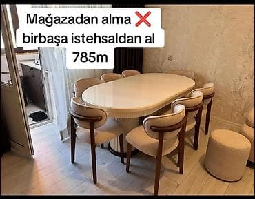stul bar: Oval formalı yemək masası və6 ədəd stul dəsti - Masa: parlaq krem/ağ — 1
