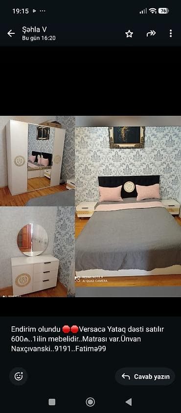 Ev üçün mebel: 077 613 12 74 .Versace yataq dəsti Tərkibi: - 2 nəfərlik çarpayı — 1