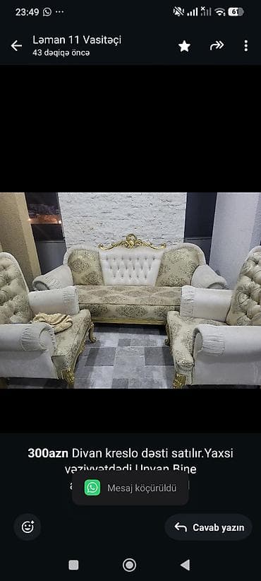 *300azn* Divan kreslo dəsti satılır.Yaxsi vəziyyətdədi.Unvan Bine lalafo.az -da *300azn* Divan kreslo dəsti satılır.Yaxsi vəziyyətdədi.Unvan Bine
