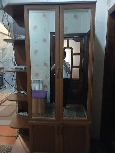 2 двери, С зеркалом, Коричневый, Дерево, Распашной, Прямой шкаф
