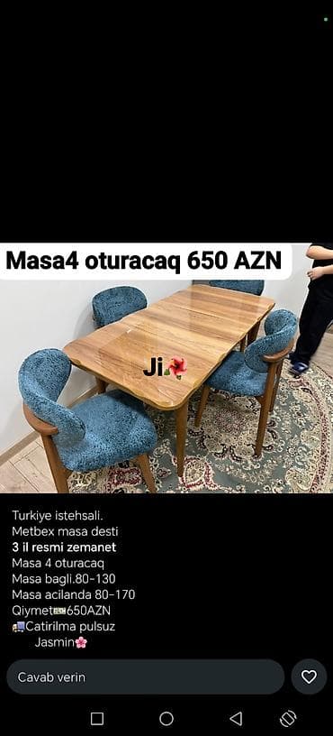 Mətbəx üçün, Açılan, Dördbucaq masa, 4 stul