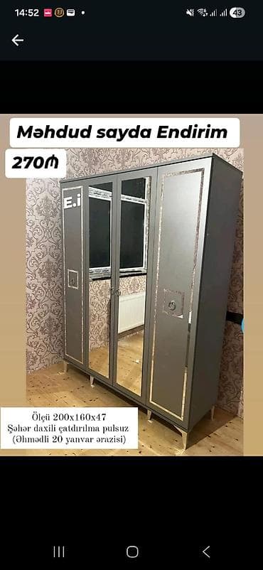 dolab termo: Güzgülü paltar dolabı - Ölçü: 200 x 160 x 47 sm - Rəng: boz tonlarda — 1