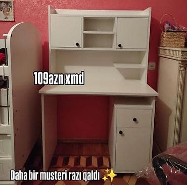Sifarişlə ofis mebeli: Ağ rəngdə funksional yazı/kompüter masası - Yuxarı hissədə iki qapalı — 1