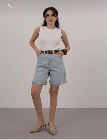 Qadınlar üçün yüksək belli denim şort - Klassik açıq mavi (light