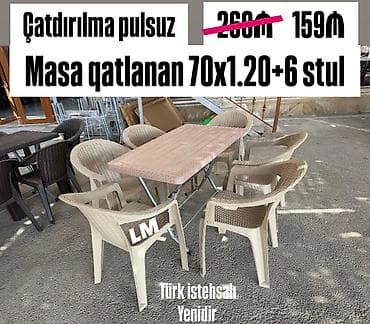 turk mebelleri: Yeni, Dördbucaq masa, 6 stul, Qatlanan, Stullar ilə, Plastik, Türkiyə — 1