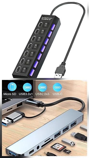 USB hub və çoxportlu adapter seti Məhsulun xüsusiyyətləri: - 7-portlu