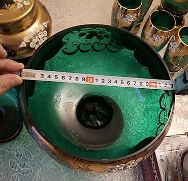 suse balon: Yaşıl və qızılı tonlarda dekorativ şüşə meyvə qabı/kasa - Material — 2
