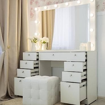 makiyaj stulu: Vizaj masası və işıqlı güzgü dəsti - Rəng: ağ - Güzgü: iri ölçülü — 2