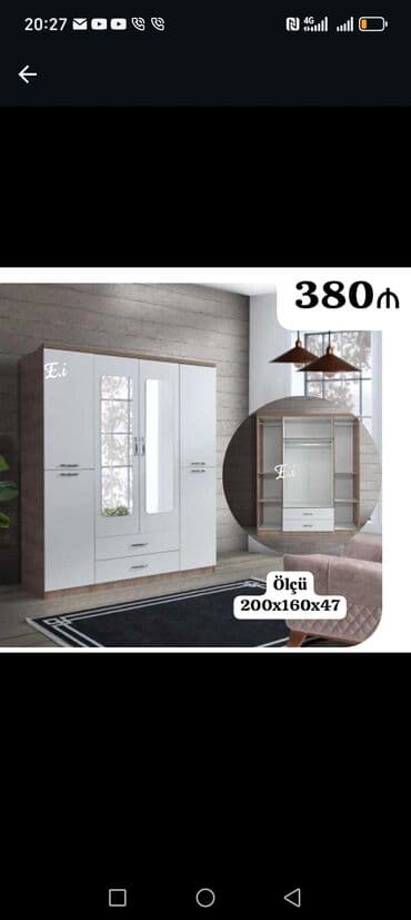 ikinci əl şkaf: Yeni, 4 qapılı Düz dolab, Dolab-asılqan — 8