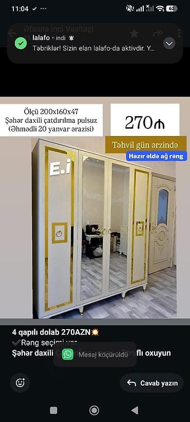 Мебель на заказ: *4 qapılı dolab 270AZN💥* ✔️Rəng seçimi var *Şəhər daxili Çatdırılma — 1