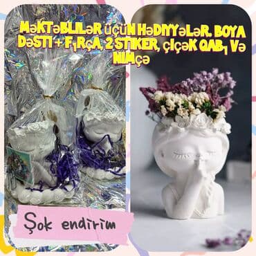 Məktəblilər üçün hədiyyələr. Boya dəsti + fırça, 2 stiker, çiçək qabı