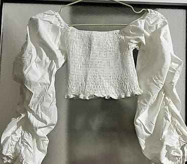 Qadın geyimləri paketi 1) Ağ kroplu bluza - Kare yaka - Tam elastik