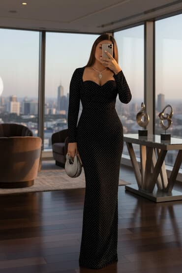 bey xoncasina neler qoyulur: Məhsul: Qadın gecə/libas geyimi - Rəng: Qara, xırda ağ nöqtəli — 1