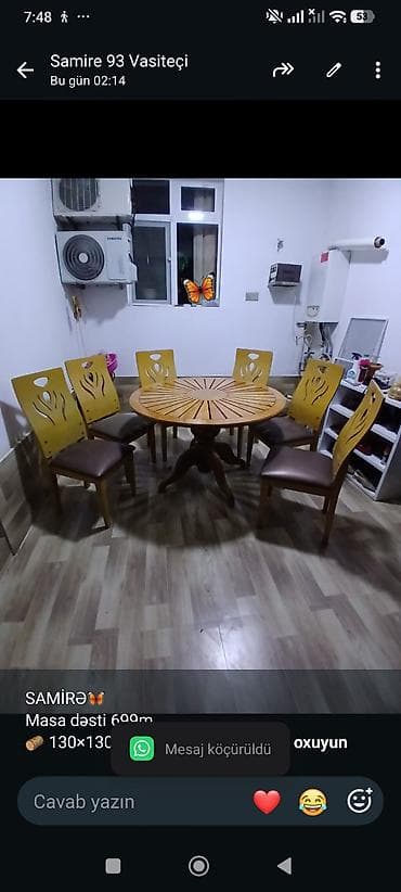 SAMİRƏ🦋 Masa dəsti 699m 🪵 130×130 sm göyrüş ağacından hazırlanib 🪑 6