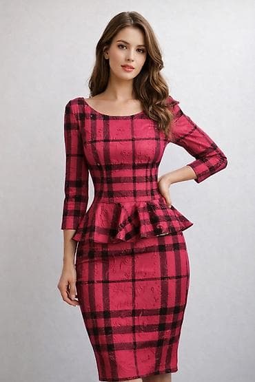 chris brown qelyan: Qadın paltarı – peplum detalli, qara-qırmızı dama naxışlı - Model — 1