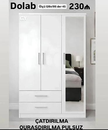 divar refleri: Ağ rəngli şkaf – 3 qapılı, aynalı model. Ölçü: 120 x 195 sm, dərinlik — 1