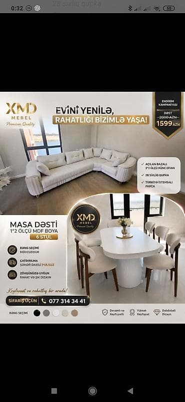 stullar ev ucun: MDF boyalı yemək masası və 6 ədəd stul dəsti - Ölçü: 1×2 m - — 2