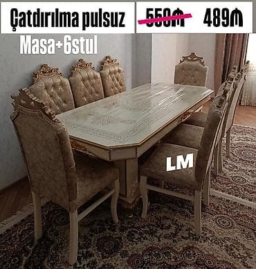 usdul usdol: Masa + 6 stul dəsti - Klassik üslubda, qızılı naxışlı detallarla — 1