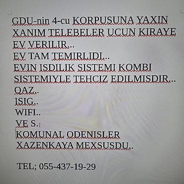 Все для дома и сада: Telebe Qizlar Ucun GDU dorduncu korpusuna yaxin tam temirli, kombi — 1