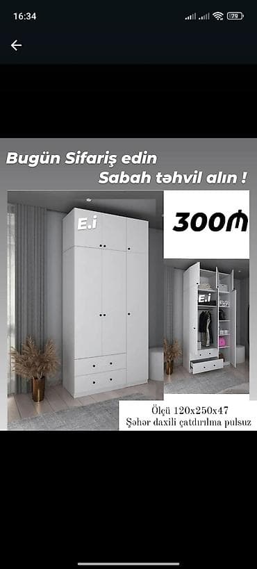Ağ rəngdə çoxfunksiyalı paltar dolabı - Model: 3 qapılı, üst hissədə