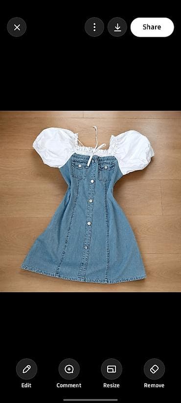 koja etek: Denim paltar – ağ şişmiş qollarla - Model: off-shoulder (çiyinlər — 1