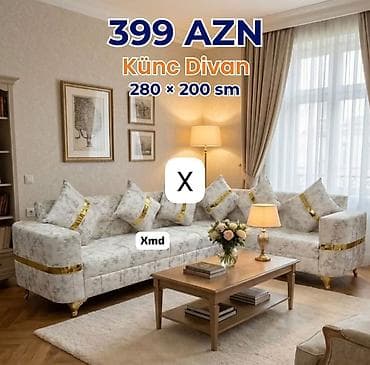 kreditle kunc divanlar: Künc divan – 280 × 200 sm • Şık klassik dizayn: açıq rəngli parça — 1