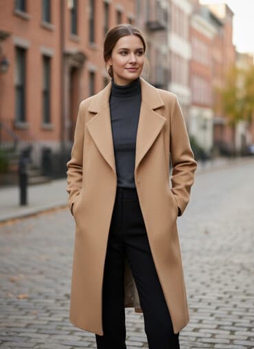 klassik qadın şalvarları: Qadınlar üçün klassik bej/kərmə rəngli palto - Model: beldən kəmərli — 1