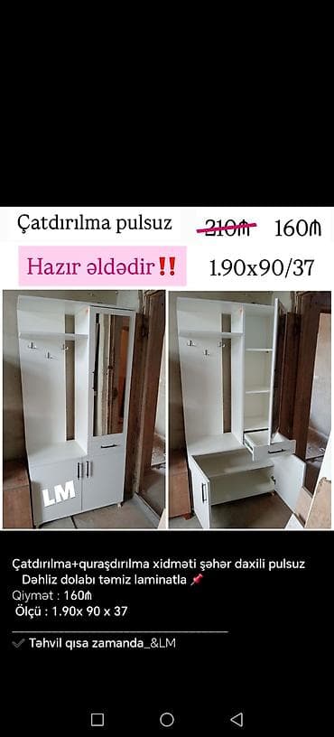 dehliz skafi: Dəhliz dolabı – təmiz laminatla Ölçü: 1.90 x 90 x 37 sm — 1