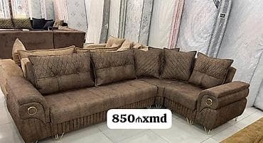 Divan və kreslo dəstləri: Künc divan dəsti – yumşaq toxumalı qəhvəyi parça üzlük, dekorativ — 1