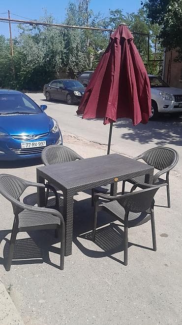 stul plastik: Açıq hava üçün masa–stul dəsti və günəş çətiri - Komplekt: 1 ədəd — 1