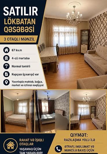 Квартиры: Lökbatan qəsəbəsində 3 otaqlı mənzil - Ümumi sahə: 67 kv.m - Mərtəbə — 1