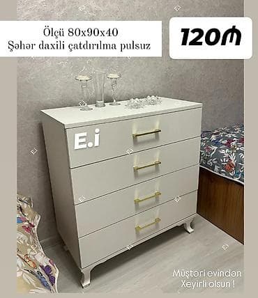 Ağ rəngli mebel dəsti 1) 4 çekmecəli komod - Ölçü: 80x90x40 sm