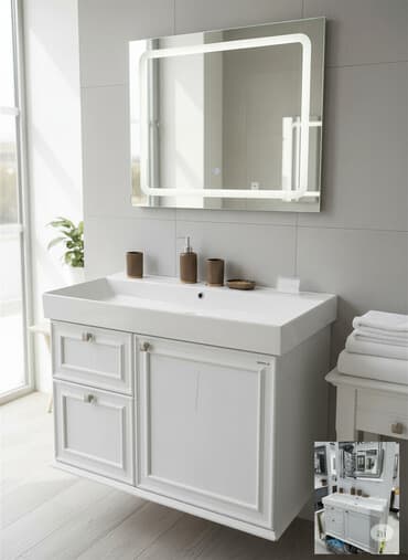 Ağ rəngdə, iki siyirtməli və bir qapılı hamam dolabı dəsti. Dəstə