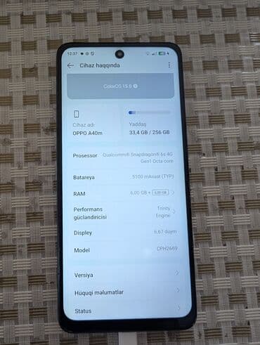 oyun qulaqciqi: • Snapdragon 6s Gen 1 prosessor 256gb yaddaş 6 Ram Oppo A40M 5100 mAh — 6