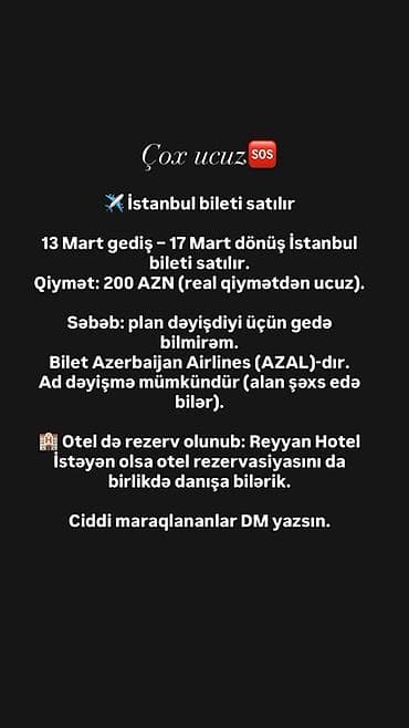 Turizm: İstanbul aviabileti satılır • Gediş: 13 Mart • Dönüş: 17 Mart • — 1