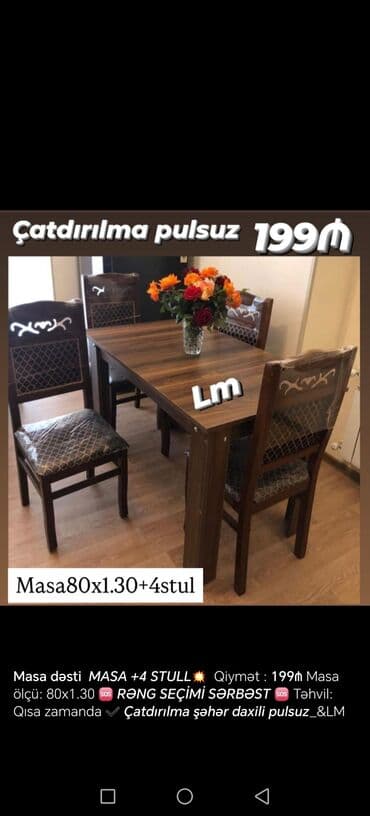 Masa və oturacaq dəstləri: Qonaq otağı üçün, Yeni, Açılmayan, Dördbucaq masa, 6 stul — 8