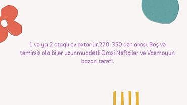 gencede ev: 1 və ya 2 otaqlı ev axtarılır.270-350 azn arası. Boş və təmirsiz ola — 1