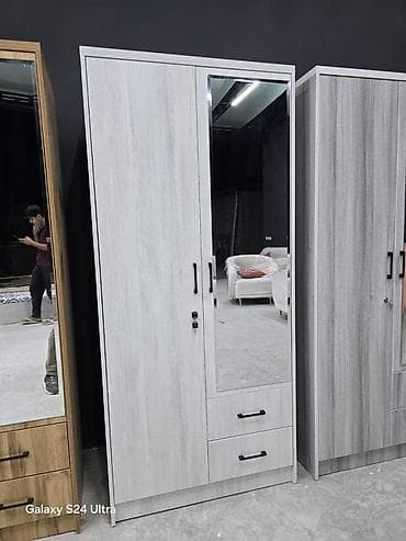 qarderob dolab: 2 qapılı, Güzgülü, Boz, Taxta, Açılan, Düz dolab — 2